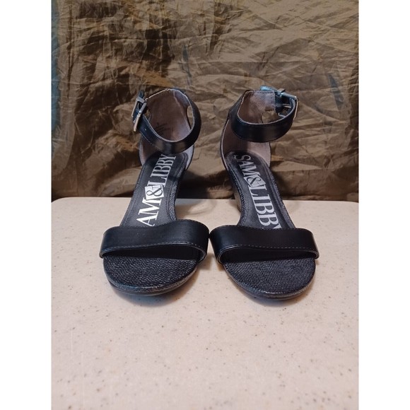 Sam & Libby Sandal Black Ankle Strap  Wedge Sandals Heels Women US 8 USED - Picture 1 of 11